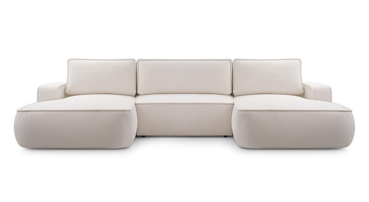 WOHNLANDSCHAFT SOLO Beige Boucle-Stoff mit Schlaffunktion - Beige, Holz (364/87/168cm) - MASSENO