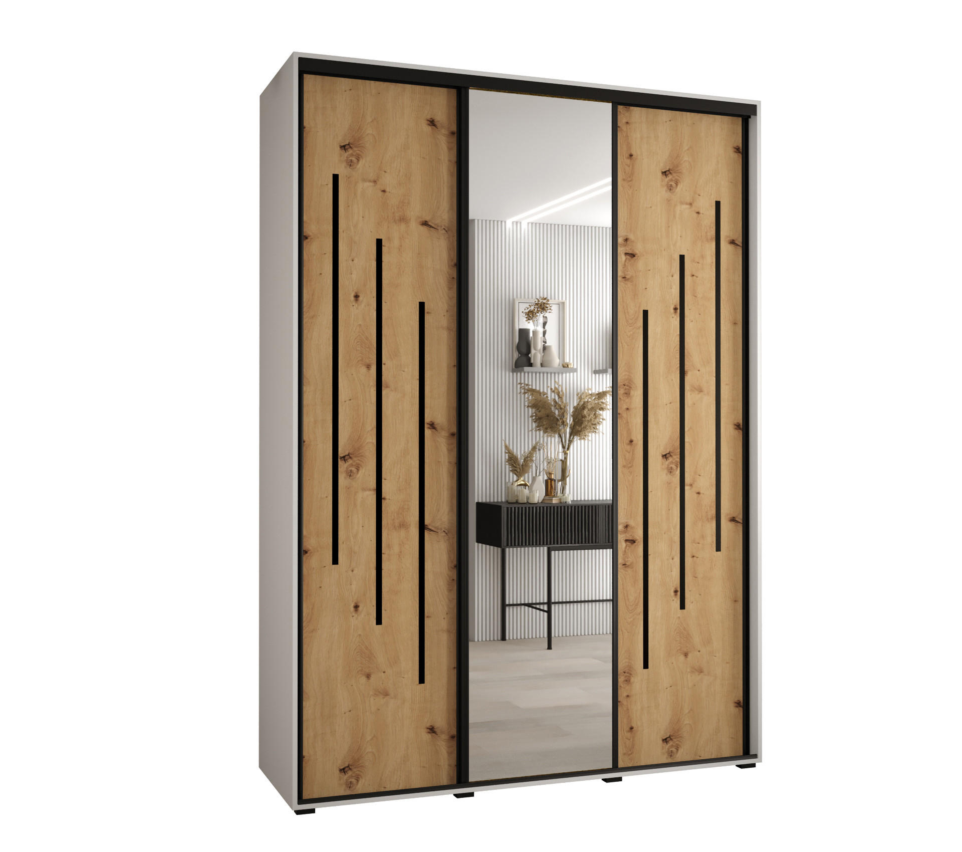 Abiks Möbel Schwebetürenschrank Weiß, Eiche Artisan, Schwarz 170x235x45 cm