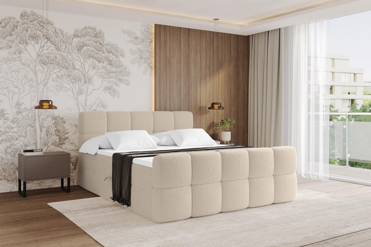 BOXBETT mit Matratze H4 - FAMA-Z - 200x200 cm Dunkelbeige Quelle - Creme, Holzwerkstoff (200/200cm) - ALTDECOR
