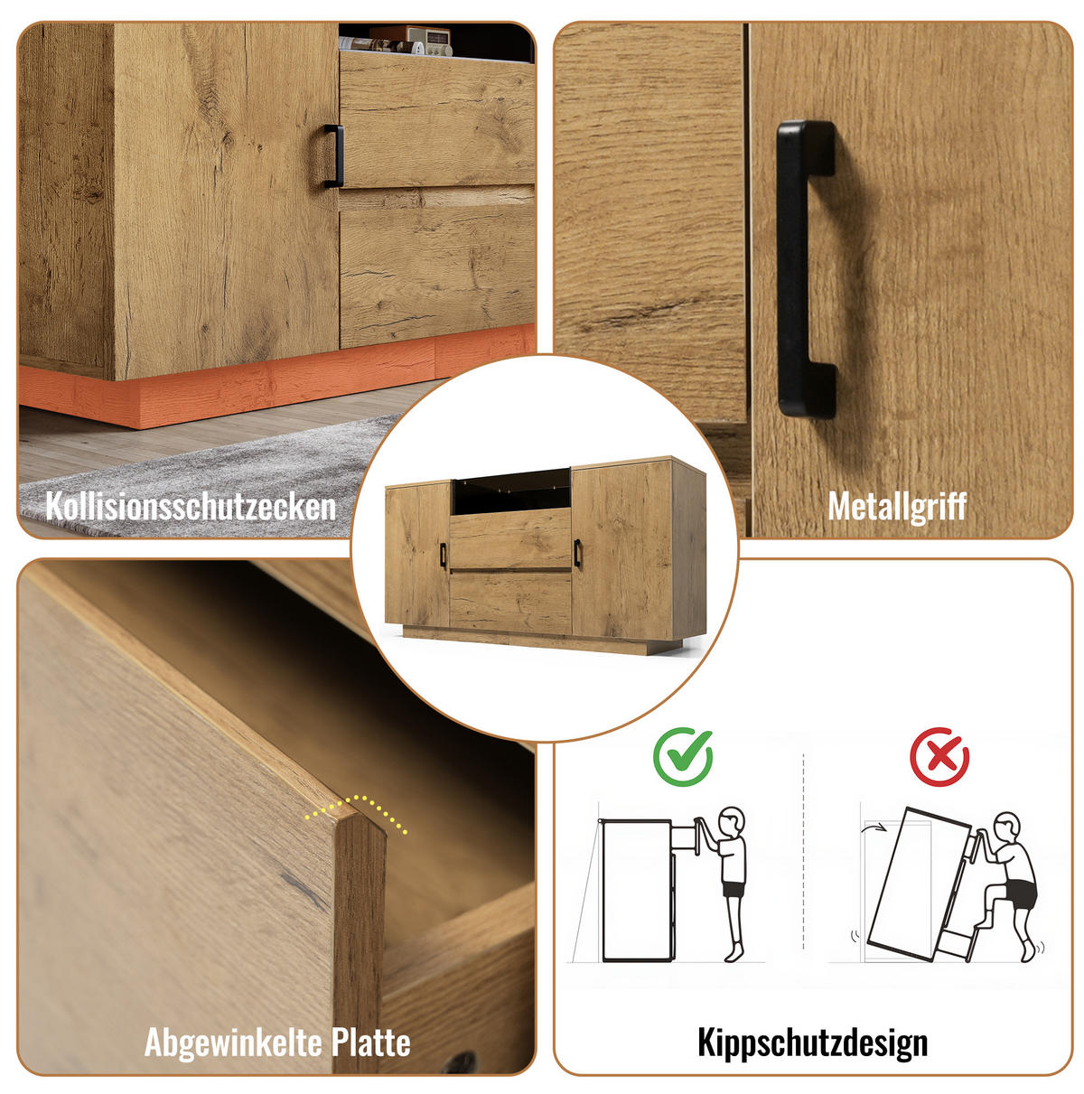 SIDEBOARD 140/70/40 cm Eiche aus Holz, Glas und Metall mit verstellbaren Einlegeböden - Eichefarben, Glas (40/70/140cm) - OKMYHOME