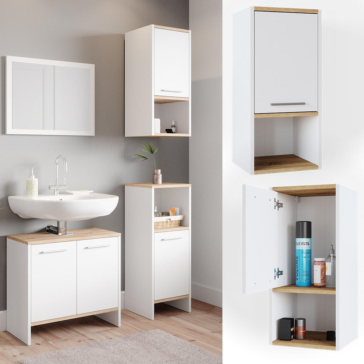 BADSCHRANK Elvio Weiß 32 x 68 cm - Weiß, Holzwerkstoff (32/68/28.1cm) - Vicco