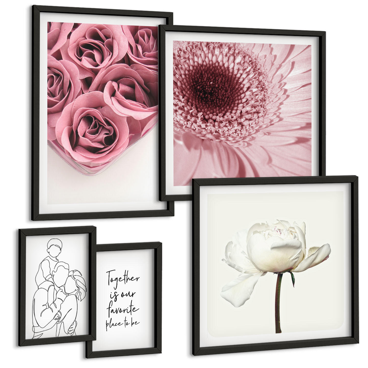 BILDER SET 5er Set - 50x50 cm & 20x30 cm & 40x60 cm Schwarzer Rahmen - Rosensträuße als Familienzeichnung - Schwarz, Kunststoff (40/60cm) - TULUP