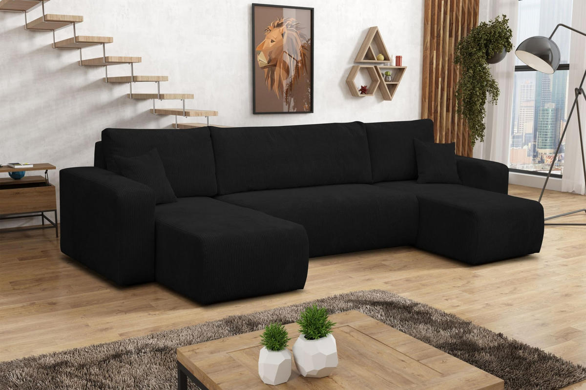 WOHNLANDSCHAFT LUNA U-FORM mit Schlaffunktion und Bettkasten (Schwarz) - Schwarz, Textil (312/83/142cm) - VENASI MÖBEL