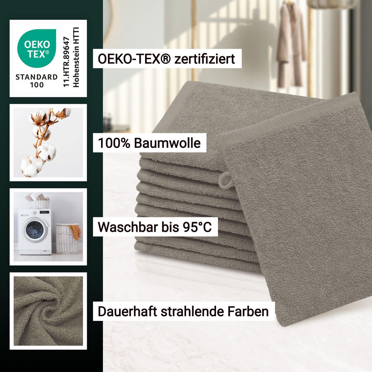 WASCHHANDSCHUH, 10er-Set, 16x21 cm, 100% Baumwolle, Braun - Fango, Textil (16/21cm) - Zollner