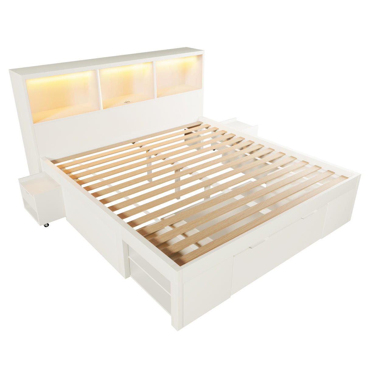 BETT 140/190 cm in Weiß mit Schublade, Regalen, LED und USB Type-C Holz Design - Weiß, Holzwerkstoff (140/190cm) - STILVORA