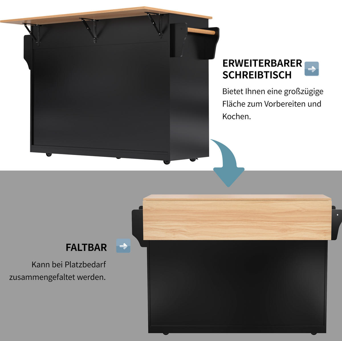 KÜCHENINSEL 120/91,5/46 cm Schwarz/Natur aus MDF mit klappbarer Tischplatte - Schwarz, Holzwerkstoff (71/91.5/120cm) - OKMYHOME