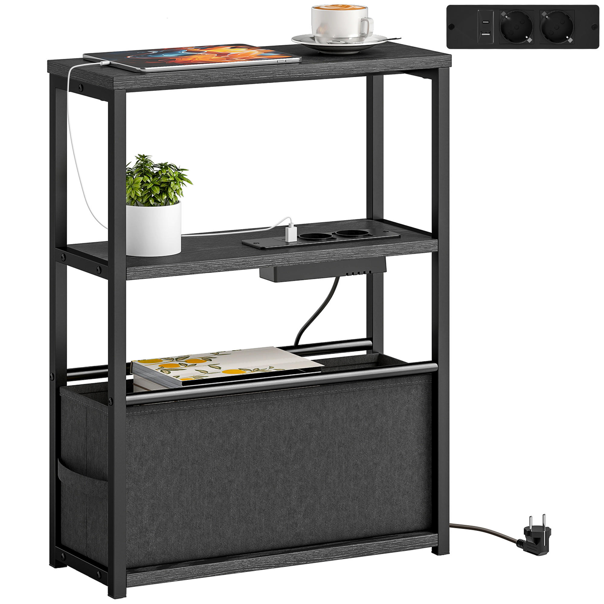 BEISTELLTISCH Sofatisch mit Steckdosenleiste, Ablage, für Kleine Räume, 45x18x60,2cm, Schwarz - Schwarz, Holzwerkstoff (18/45/60.2cm)