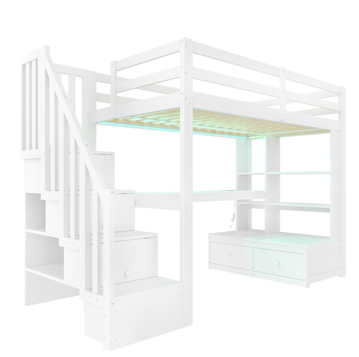 HOCHBETT aus Kiefer, MDF und Sperrholz 90x200 cm Weiß mit Schreibtisch, Stauraumtreppe und LED-Beleuchtung - Weiß, Holzwerkstoff (90/200cm) - Modfu