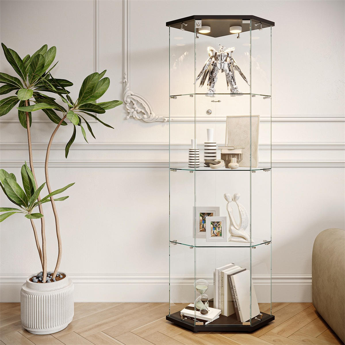 VITRINE mit LED Beleuchtung - Eckvitrine mit 4 Ebenen und 1 Tür - Glaskvitrine mit Schloss - Schwarz - Schwarz, Glas (60/162/42.5cm) - DELFA