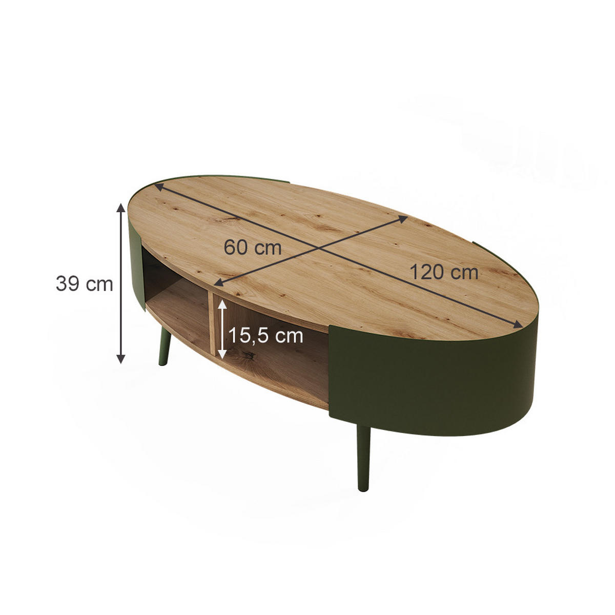 COUCHTISCH Lofta Grün 120 x 60 cm - Eichefarben/Grün, Holzwerkstoff (60/120/39cm) - Vicco