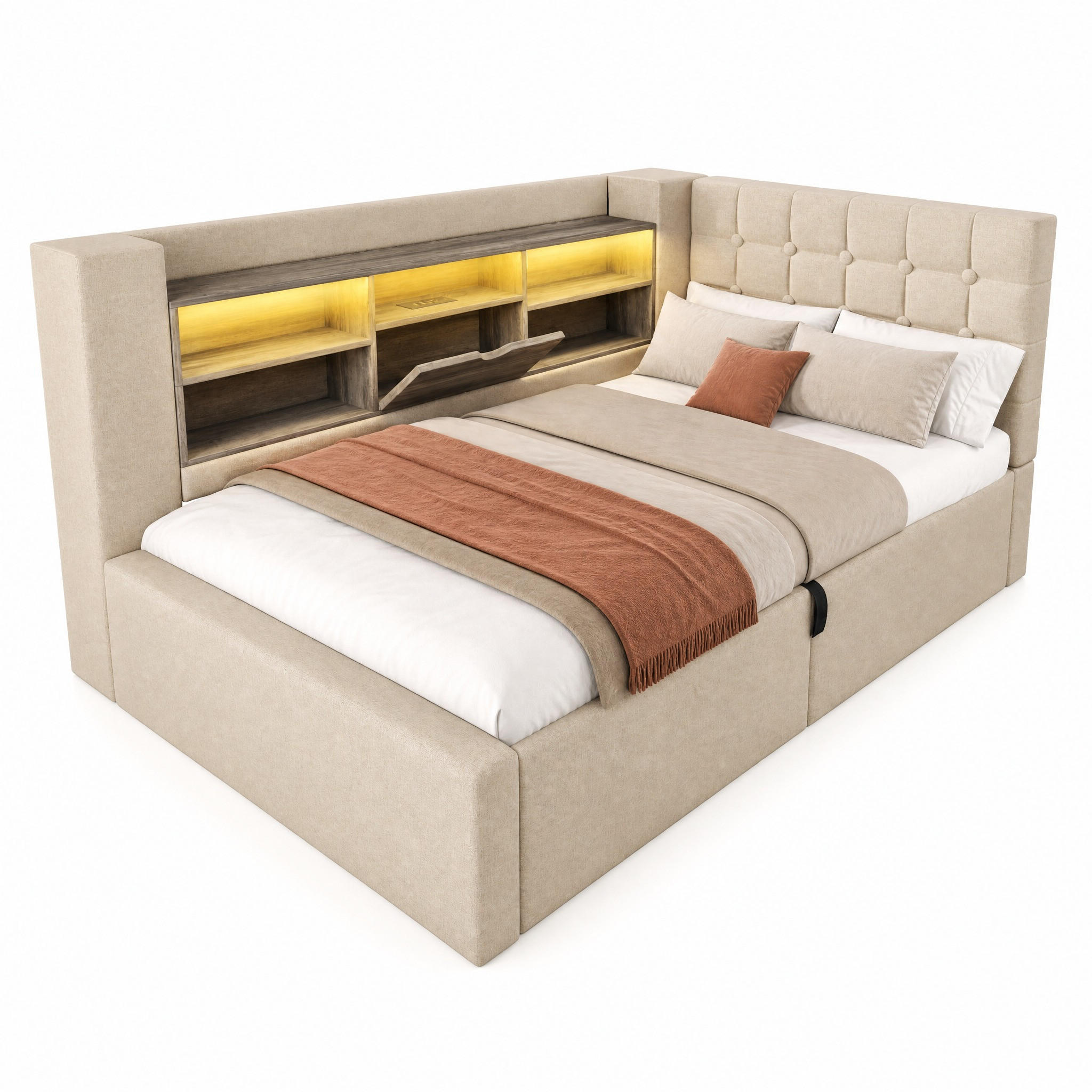 POLSTERBETT 90/200 cm in Beige mit Stauraum, LED und USB Leinen Design - Beige, Holzwerkstoff/Textil (90/200cm) - STILVORA