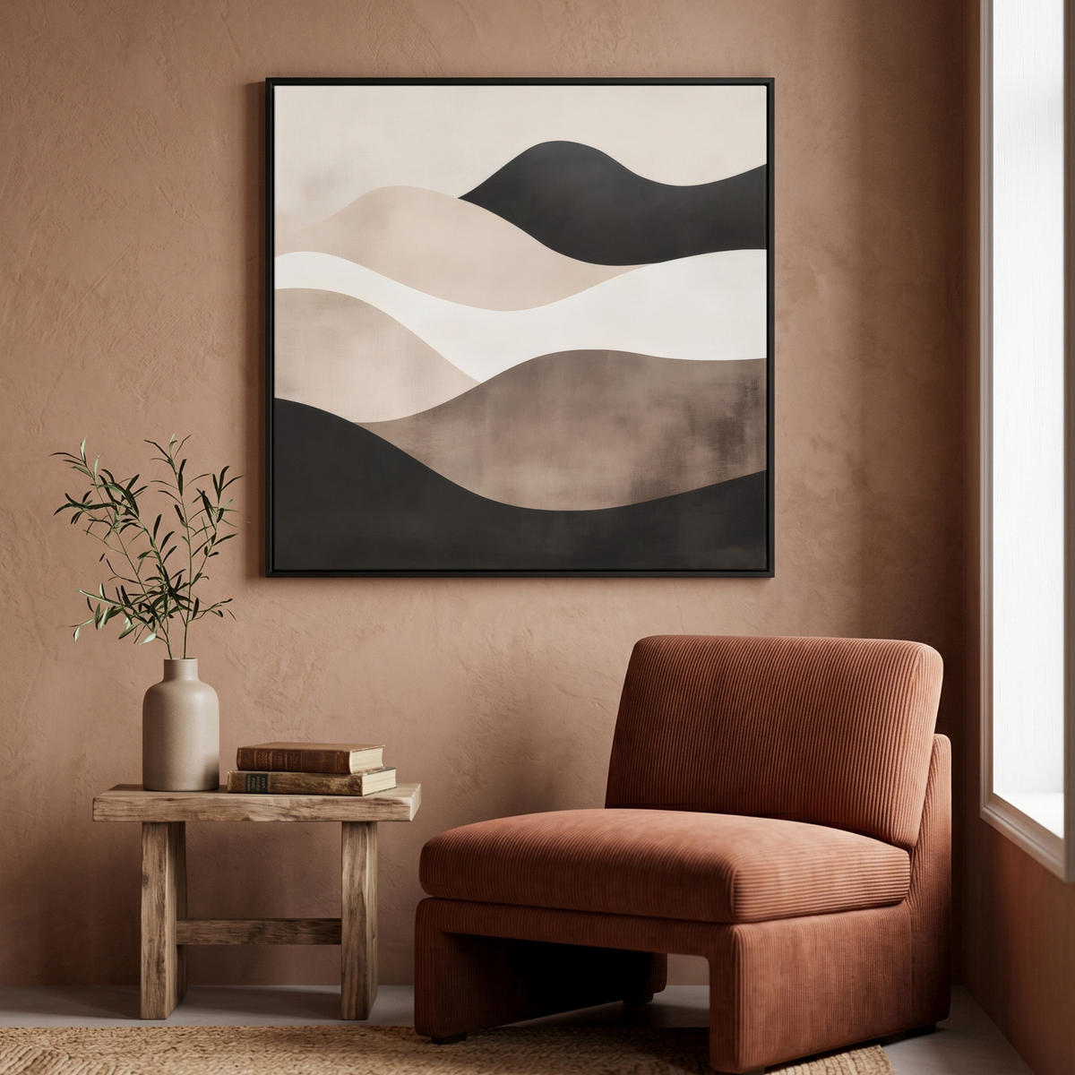 LEINWAND Bilder mit Rahmen - Abstrakt - Landschaft - Wellen - Cremefarben - 90x90 - Cappuccino, Textil (90/90cm) - MuchoWow