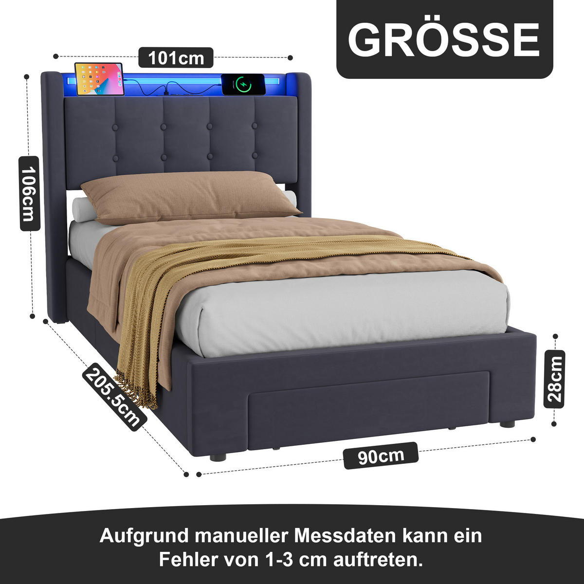 POLSTERBETT 90/190 cm mit Stauraum und Steckdose, mit Schubladen, ohne Matratze - Grau, Holzwerkstoff/Textil (90/190cm) - STILVORA
