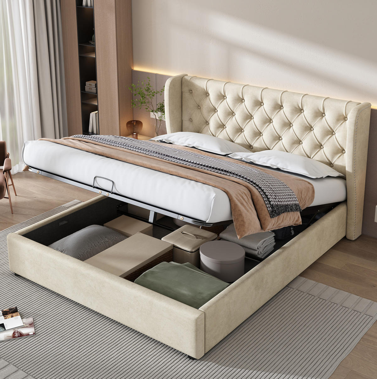 POLSTERBETT 180/200 cm mit Bettkasten, Lattenrost und Chesterfield-Kopfteil aus Samt, Beige - Beige, Textil (180/200cm) - Redom