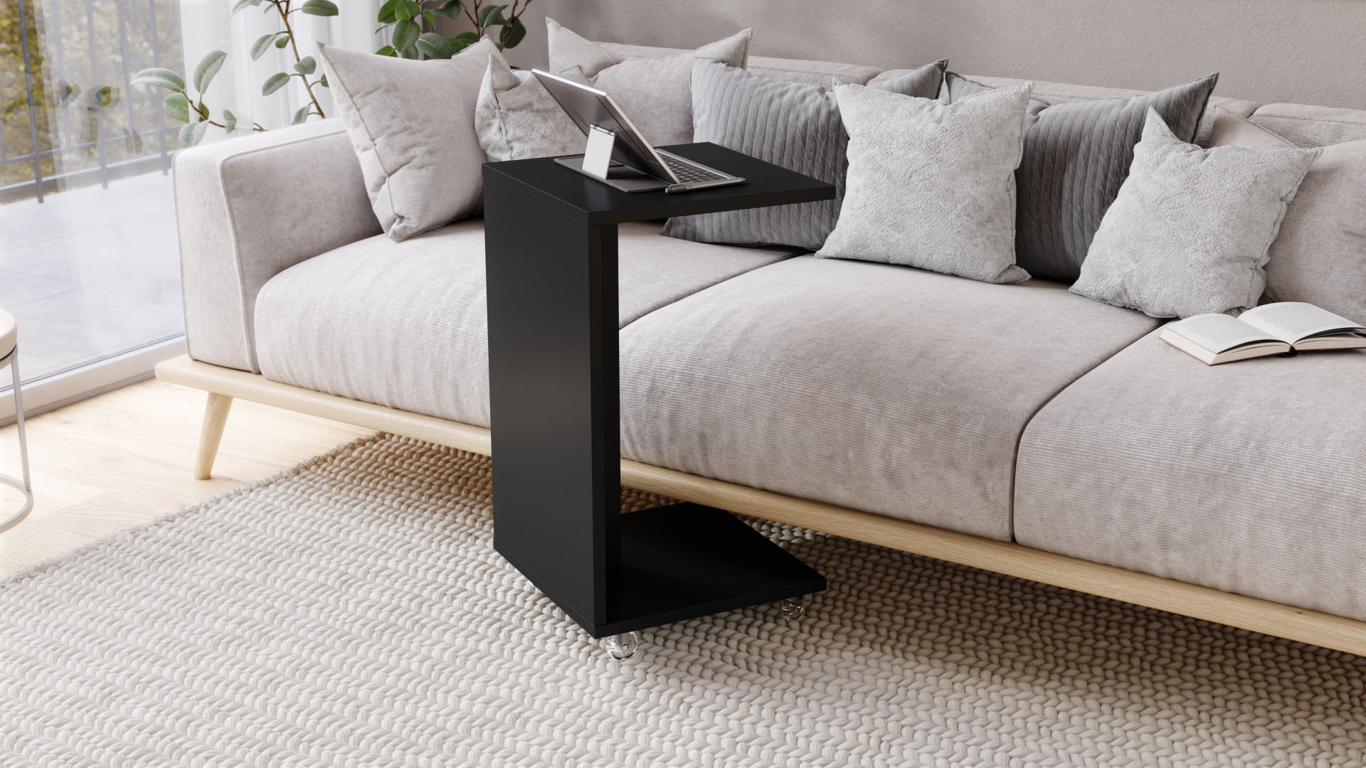 BEISTELLTISCH Rechteckig Schwarz matt mit Ablage und Rollen - Schwarz, Holzwerkstoff (40/40/66cm) - designimpex