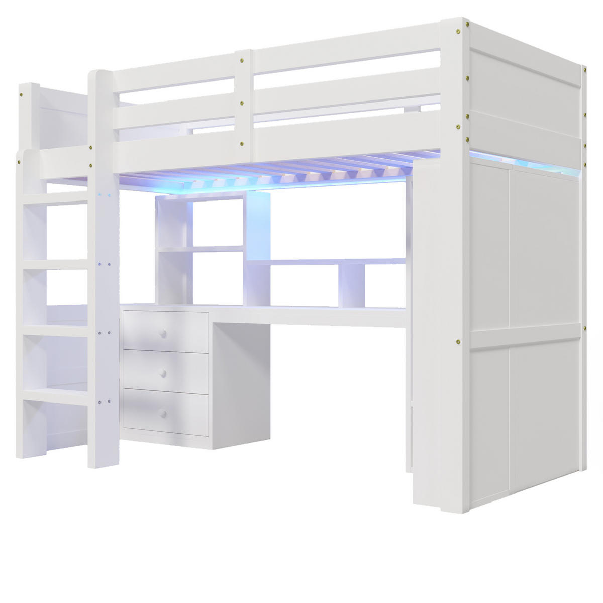 VISOKI krevet 90/200 cm s LED osvjetljenjem, ormarom, radnim stolom i ladicama, Bijela - bijela, drvni materijal (90/200cm) - Redom