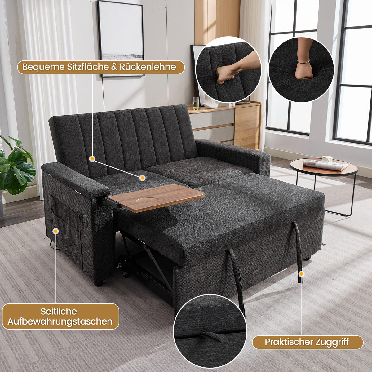 SCHLAFSOFA 140/84.5/84 cm Grau mit Klapptablett, USB & Type-C Ladeanschluss, Seitentaschen und Rollen - Grau, Textil (140/84/84.5cm) - Oxeza