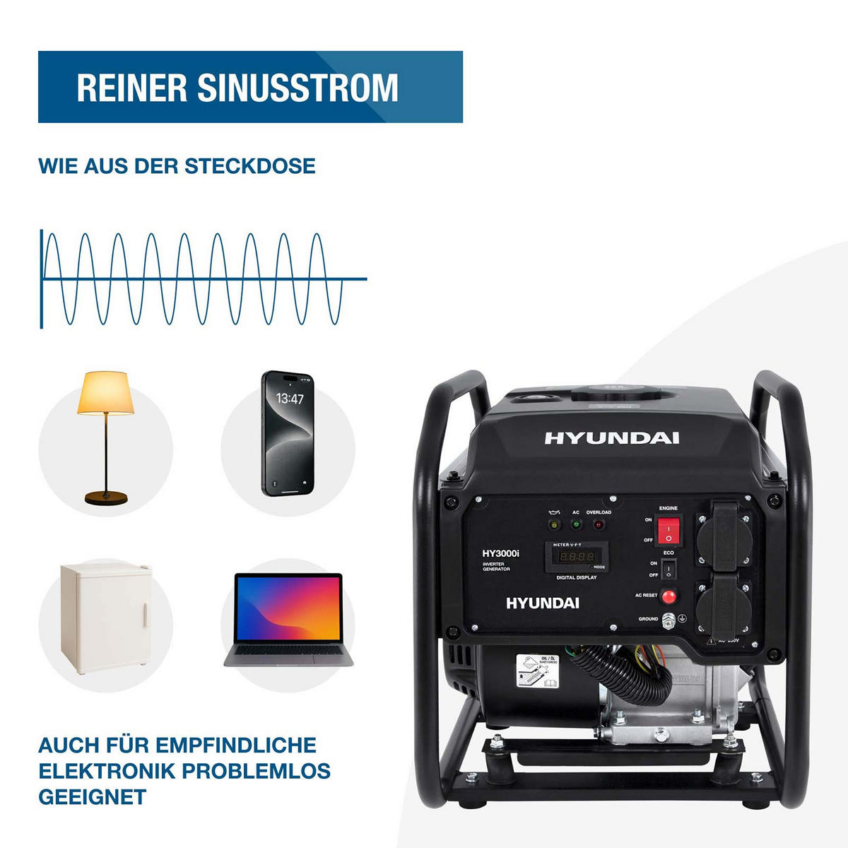 INVERTER-GENERATOR HY3000i (3.0 kW, tragbar, 2 x 230V) - Schwarz, Metall (46.3/35.5/42.5cm) - HYUNDAI