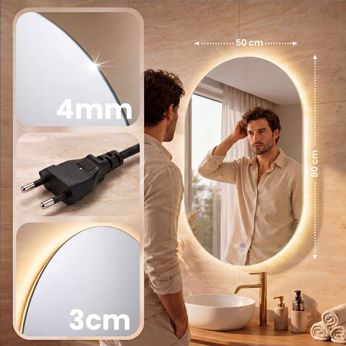 BADEZIMMERSPIEGEL flach 50/3/80 cm Glas Klarglas - Klar, Glas (50/80/3cm) - CLP