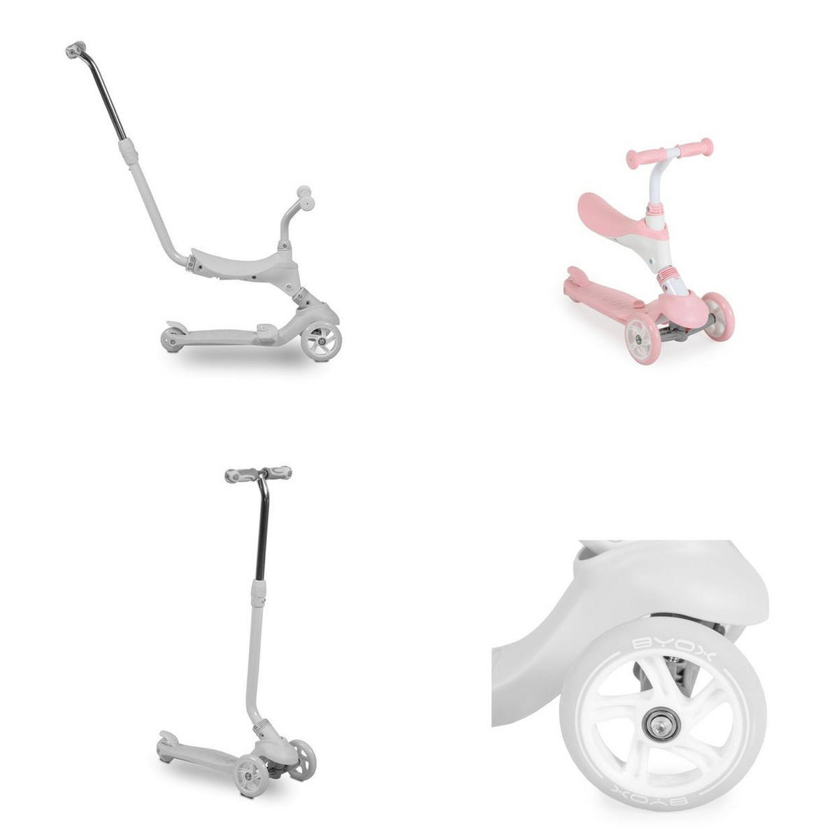 KINDERROLLER Tristar 3 in 1 rosa weiß Roller Rutscher Schiebestange PU Räder ABEC-5 - Weiß, Metall (55/26/76cm)