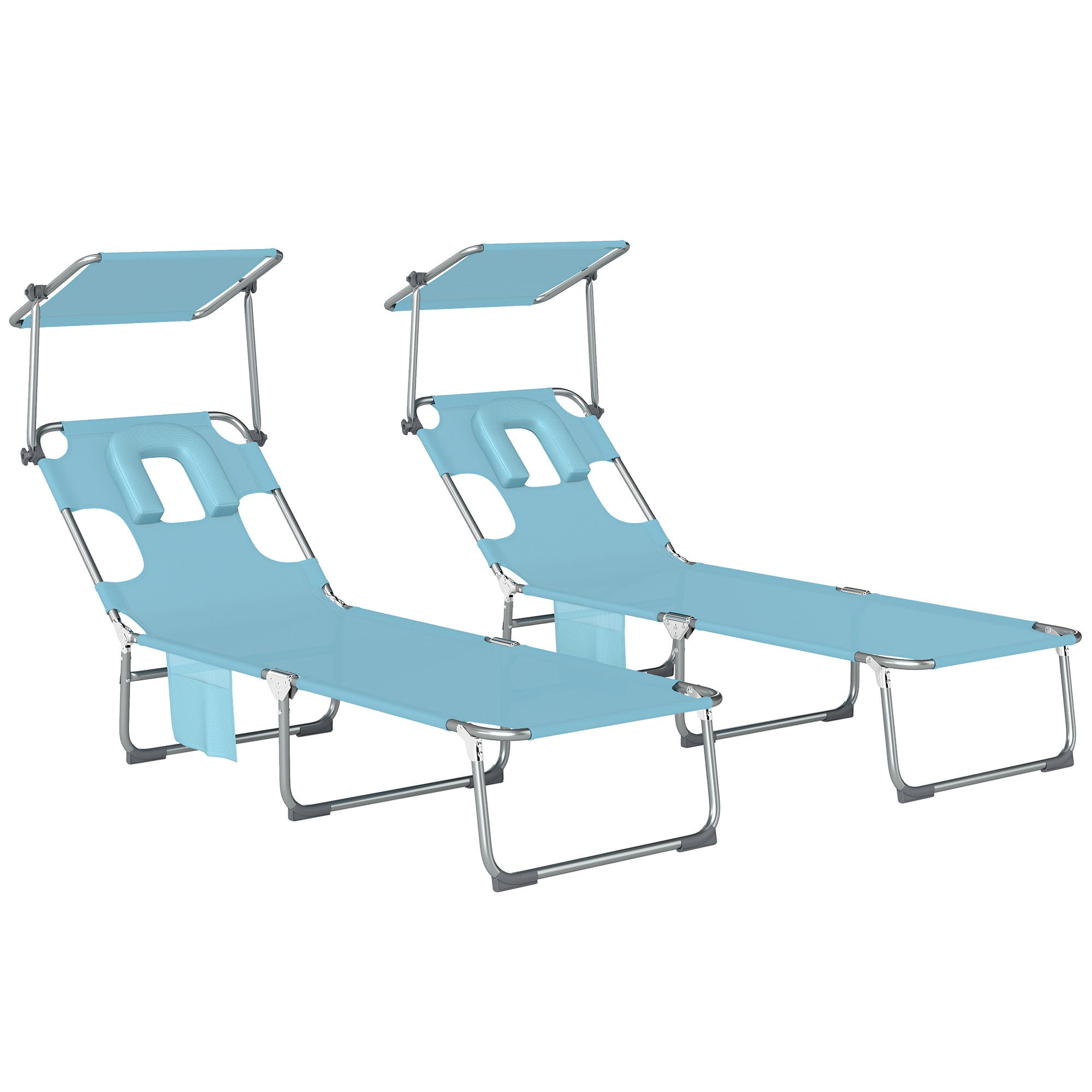 GARTENSONNENLIEGE, 2er-Set, Blau, 360° Sonnendach, Gesichtsöffnung, Seitentasche - Blau, Metall (188/27/56cm) - Vallsero
