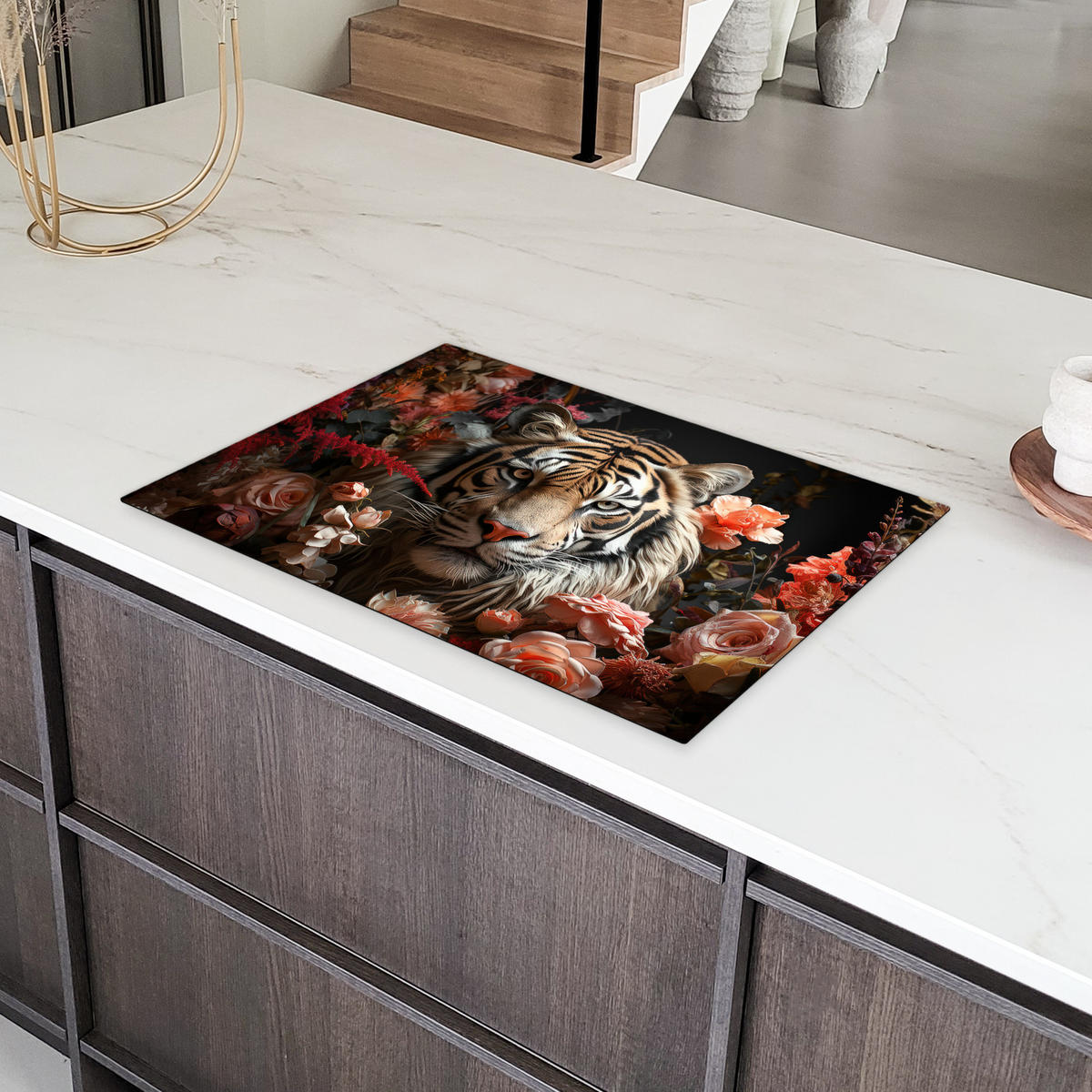 HERDABDECKPLATTE Tiger - Tier - Natur - Floral - Botanisch 76x51 cm - Orange, Kunststoff (76/0.2/51.5cm) - MuchoWow