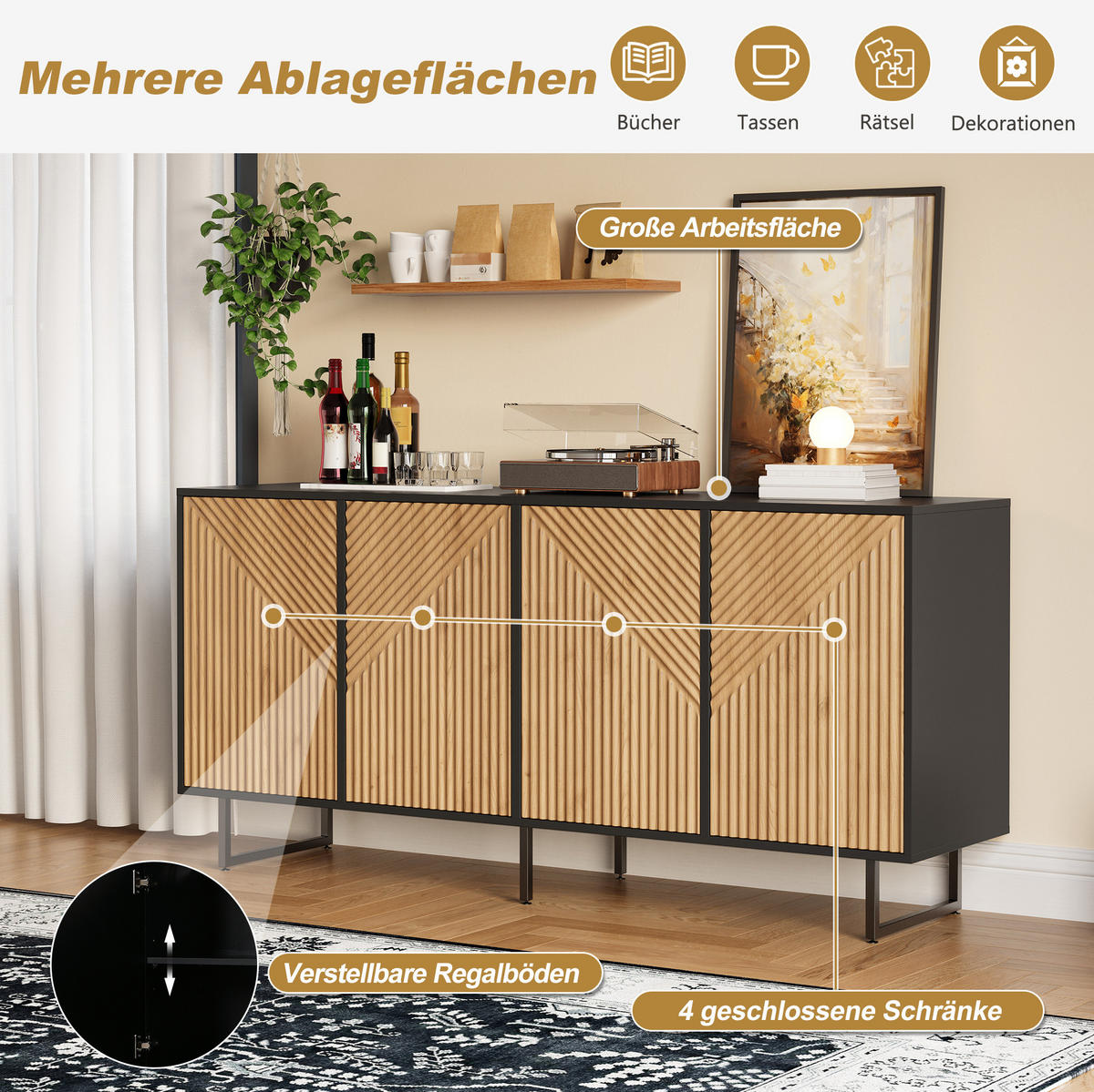 SIDEBOARD 160/40/75 cm mit 4 Türen und 8 Fächern, aus Spanplatte mit Eisenfüßen, Naturholz/Schwarz - Naturfarben, Holzwerkstoff (160/75/40cm) - Redom