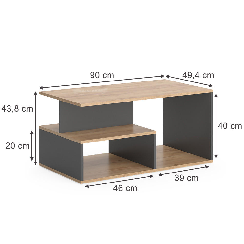 COUCHTISCH Hasso Goldkraft Eiche/Anthrazit 90 x 49.4 cm - Anthrazit/Eiche Wotan, Holzwerkstoff (49.4/90/43.8cm) - Vicco