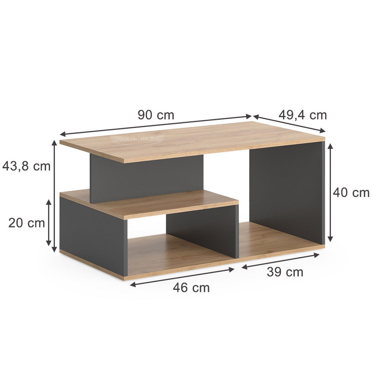 COUCHTISCH Hasso Goldkraft Eiche/Anthrazit 90 x 49.4 cm - Anthrazit/Eiche Wotan, Holzwerkstoff (49.4/90/43.8cm) - Vicco