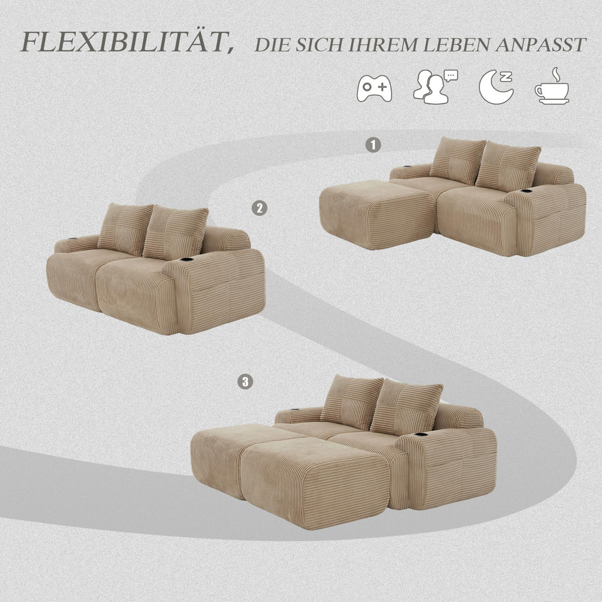 MODULARES 2-Sitzer Cordsofa mit 2 Hockern Getränkehalter und Seitentasche 200/174/80 cm Sandfarben - Sandfarben, Textil (174/80/200cm) - Redom