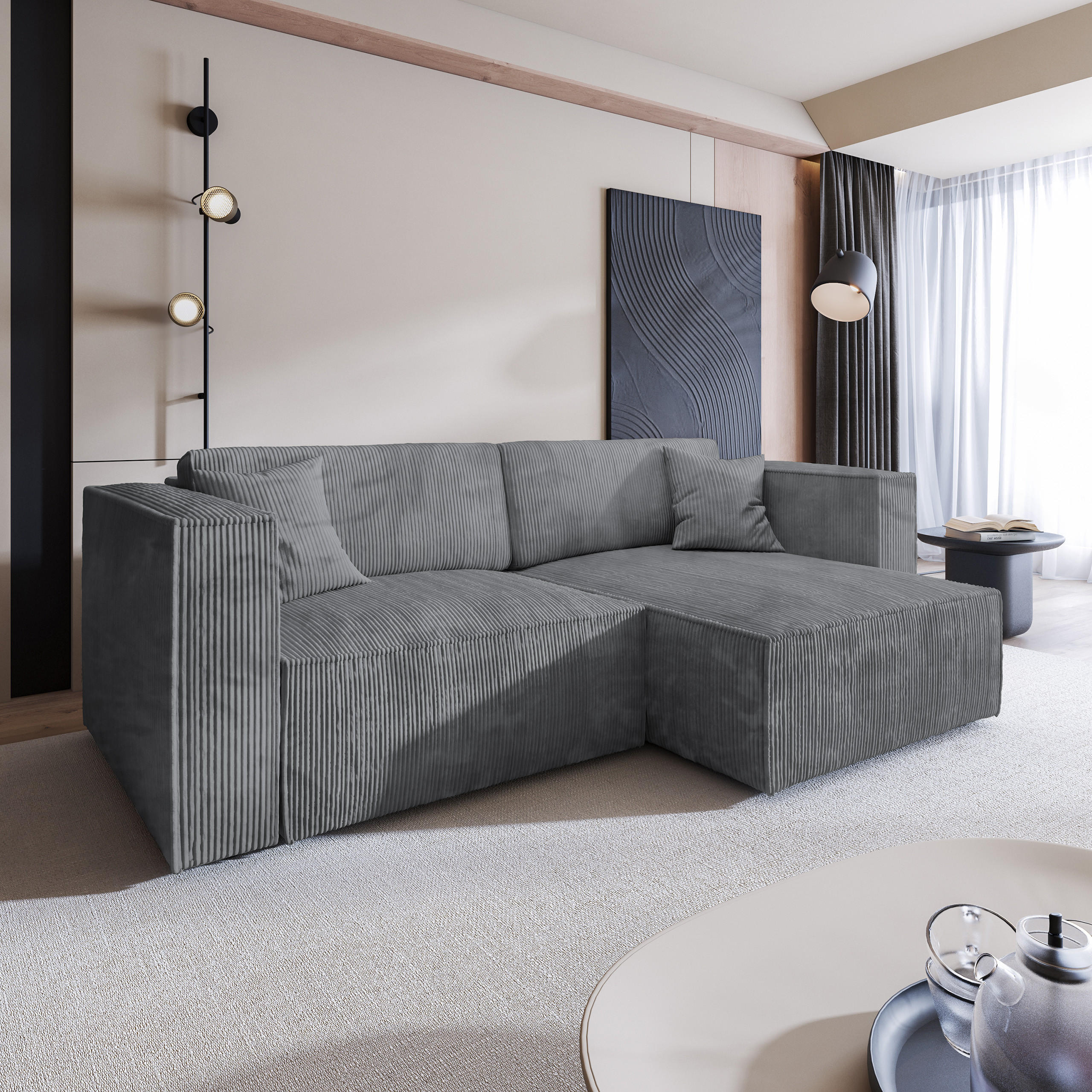 ECKSOFA NERIO P Grau Kordstoff mit Schlaffunktion - Grau, Holz (245/148cm) - MASSENO