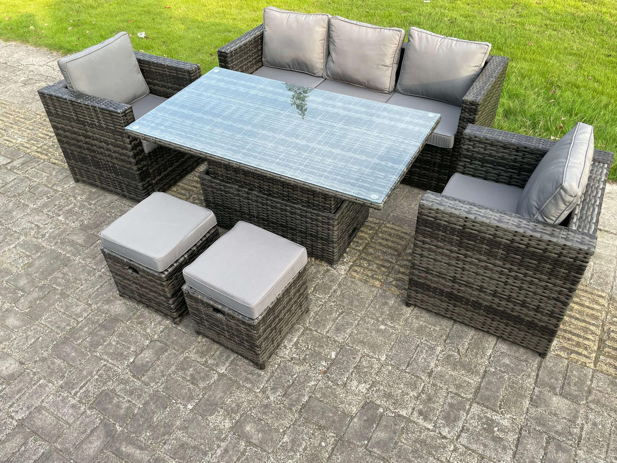GARTENTISCHGRUPPE Polyrattan 7-Sitzer - Dunkelgrau/Grau, Glas/Kunststoff - Fimous
