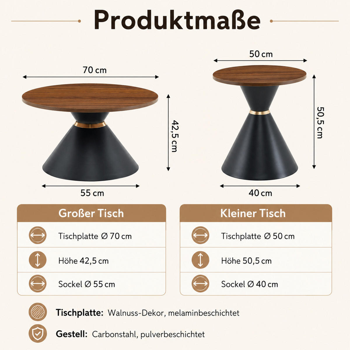 COUCHTISCH-SET DE-37439 2er-Set konusförmig mit Walnussoptik Schwarz - Walnussfarben, Metall (50/50/50.5cm) - ComfortXL