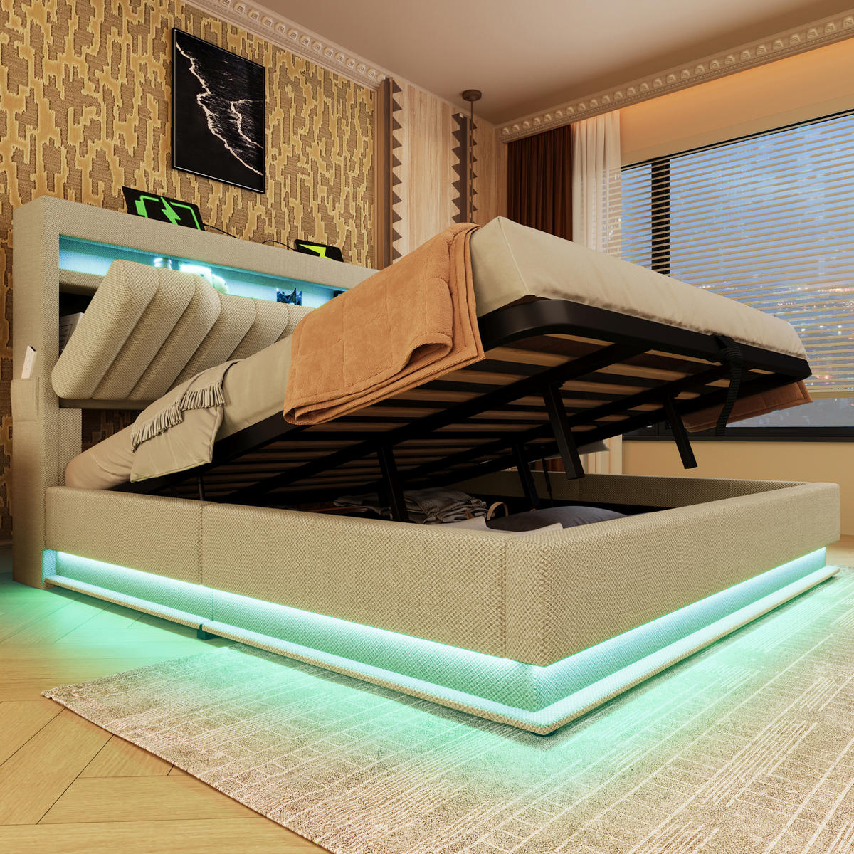 POLSTERBETT mit Stauraum, LED und USB 140x200 cm Beige Leinen - Beige, Metall (140/200cm) - Meubliv
