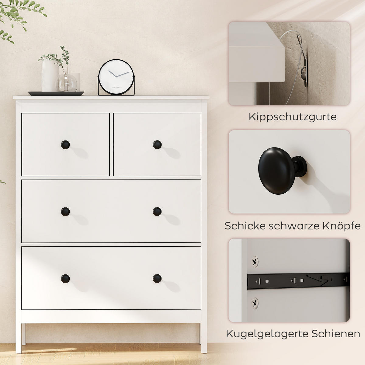 KOMMODE Moderner Sideboard mit 4 Schubladen für Wohnzimmer Weiß - Schwarz/Weiß, Holzwerkstoff/Kunststoff (35/97/74cm) - HOMCOM