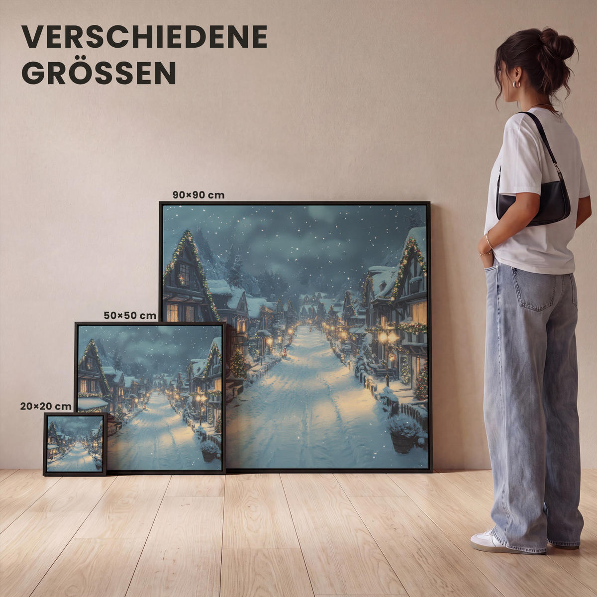 LEINWAND Bilder mit Rahmen - Weihnachtsdorf - Weihnachten - Schnee - Winter - 50x50 - Dunkelblau, Textil (50/50cm) - MuchoWow