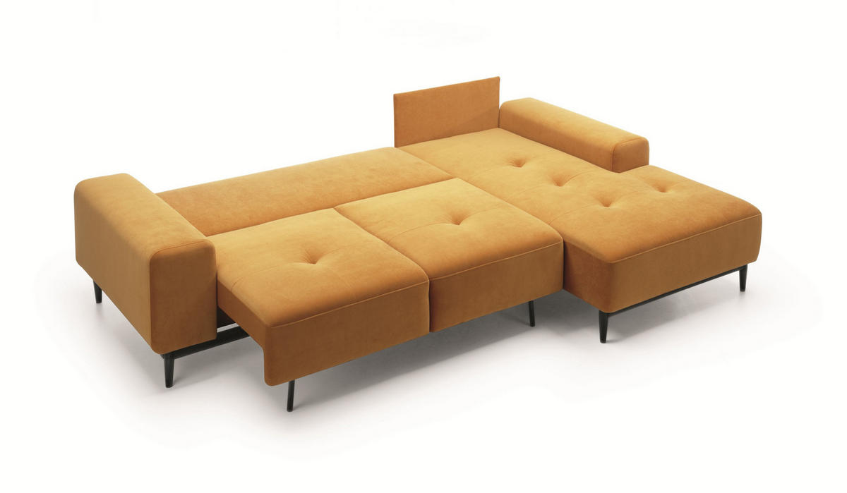 ECKSOFA SACRO Gelb Plüsch-Stoff mit Schlaffunktion - Gelb, Holz (266/175cm) - MASSENO