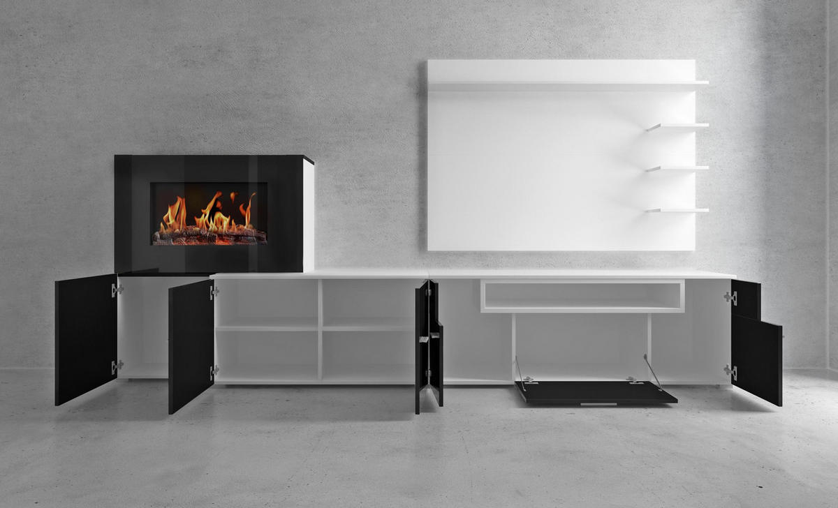 WOHNWAND Elektrokamin weiß, Hochweiß lackiert, 290/45/170cm - Weiß, Holzwerkstoff (290/170/45cm) - Skraut Home