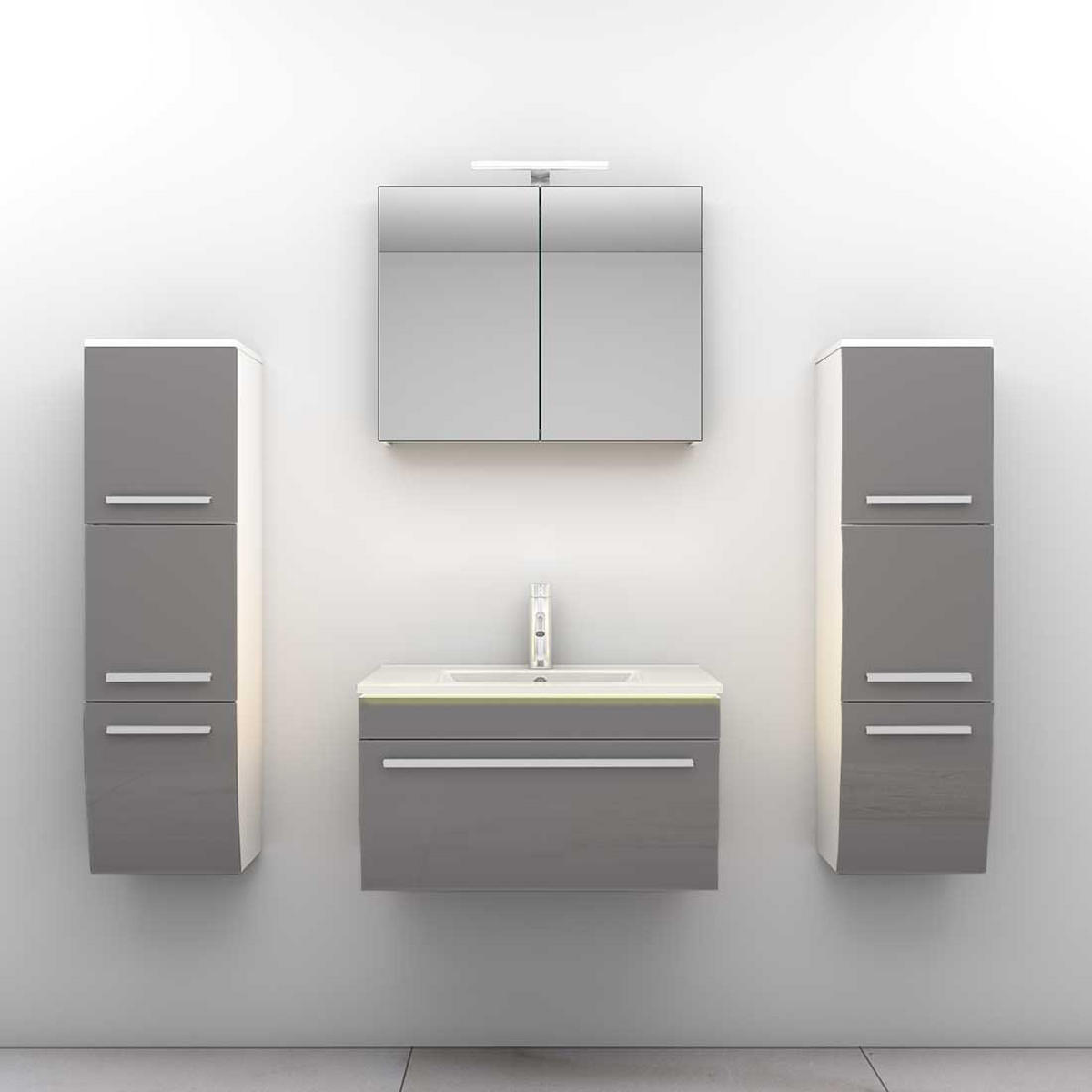 BADMÖBEL Set Gently 3 V3 Weiß/Grau Badezimmermöbel Badspiegel Waschtisch 70 cm mit 1x 5W LED / Energiebox - Grau, Glas/Kunststoff (46/40/70cm) - AcquaVapore by Sandra Jentho