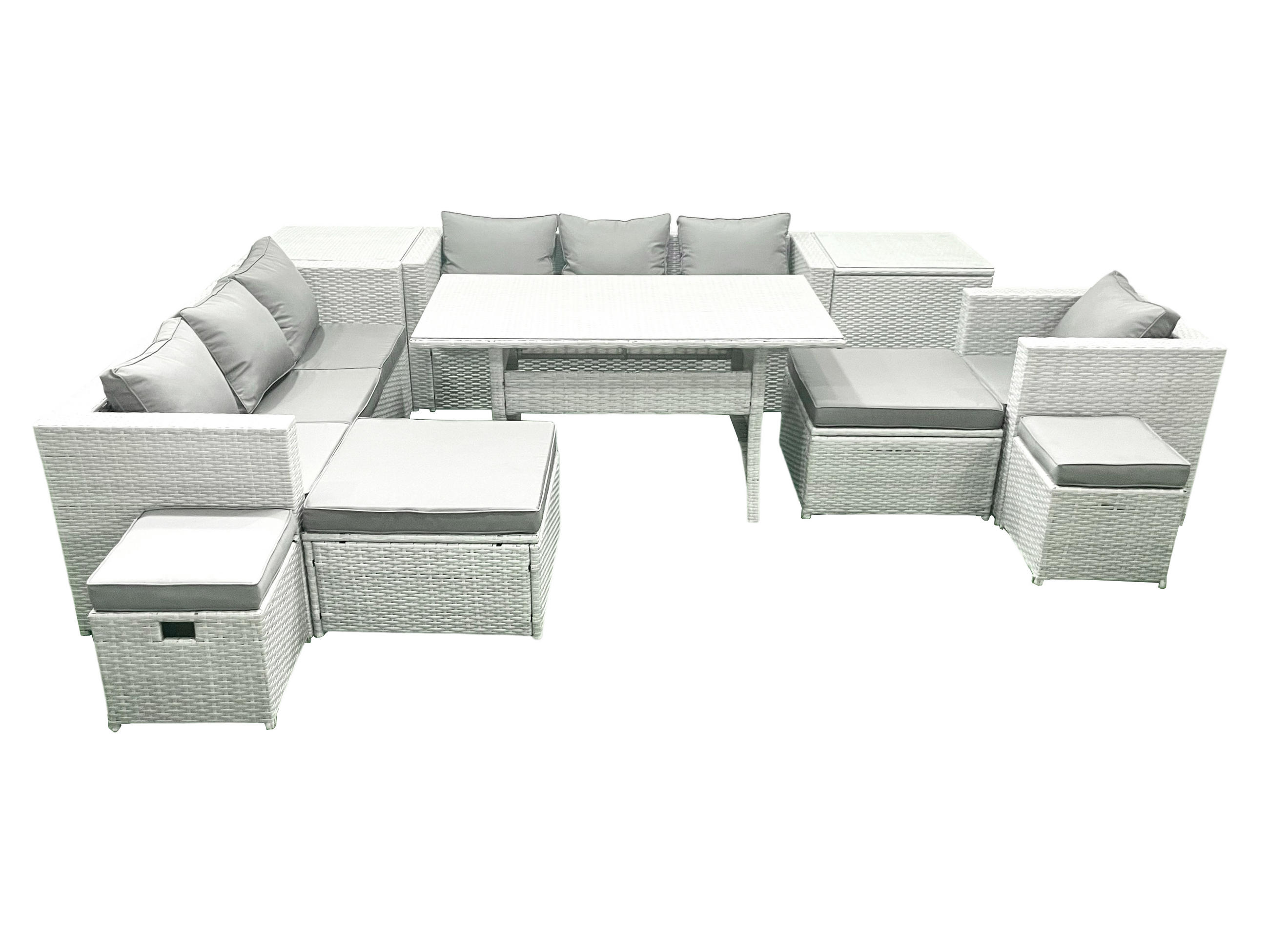 GARTENSET mit Esstisch,Sofa,4 Fußhocker,Stuhl,2 Beistelltischen Polyrattan Hellgrau 11-Sitzer - Hellgrau/Grau, Glas/Kunststoff - Fimous