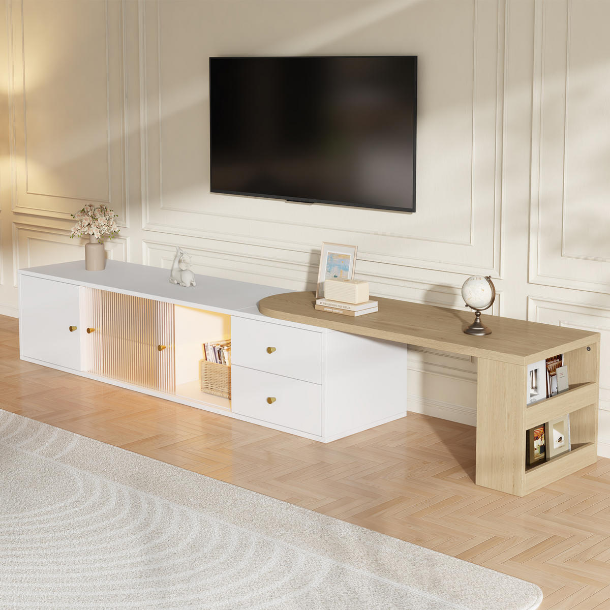 TV-LOWBOARD LED Ausziehbar Schubladen Glas Türen Weiß Holz - Multicolor, Holzwerkstoff (175/38/40cm) - FLIEKS