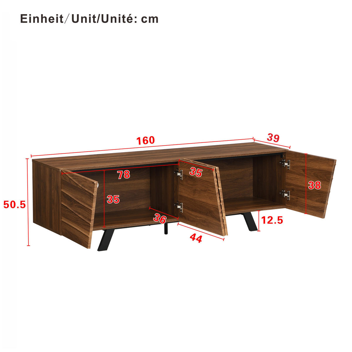 LOWBOARD 160/39/50.5 cm Walnussfarbe aus MDF mit Wellenfront und Kabelmanagement - Walnussfarben, Holzwerkstoff (39/50.5/160cm) - OKMYHOME