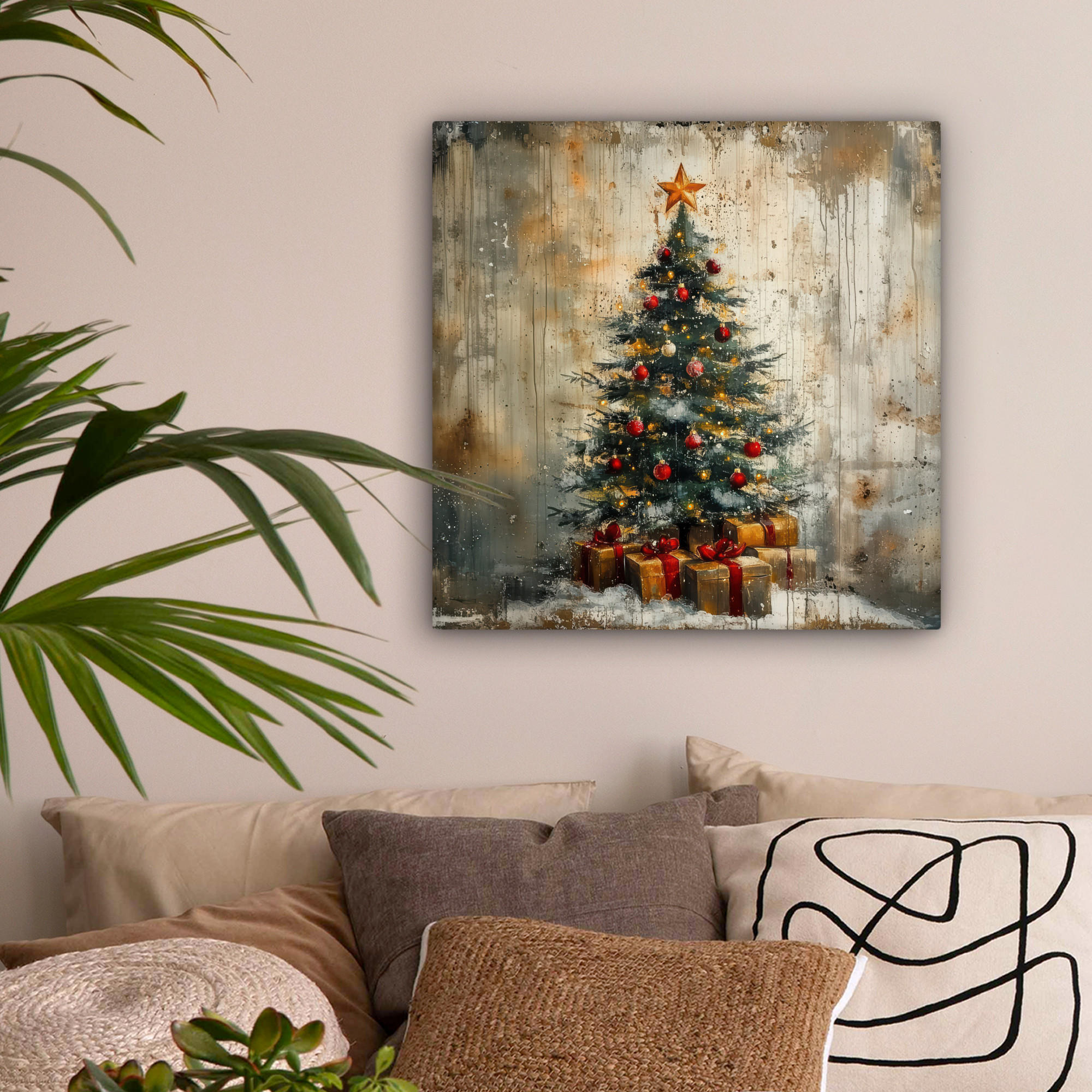 LEINWANDBILD Weihnachtsbaum - Vintage - Weihnachten - Geschenk 50x50 cm - Rostfarben, Textil (50/50cm) - MuchoWow