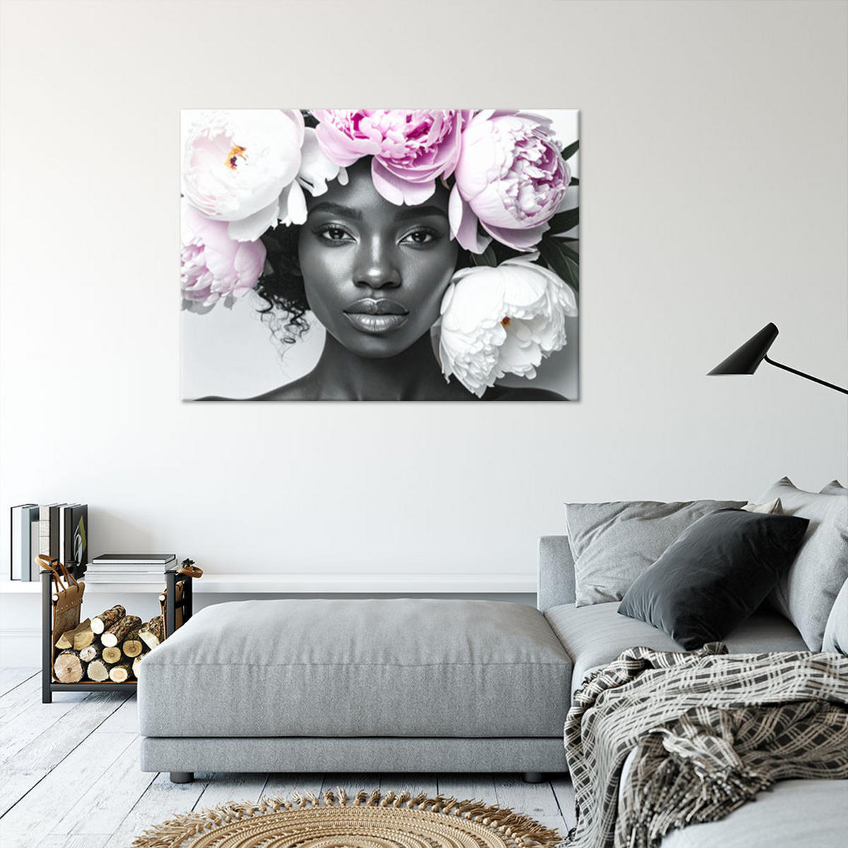 LEINWANDBILD Mädchen mit Pfingstrosenblüten auf dem Kopf 120x80cm - Grau, Textil (120/80cm) - Feeby