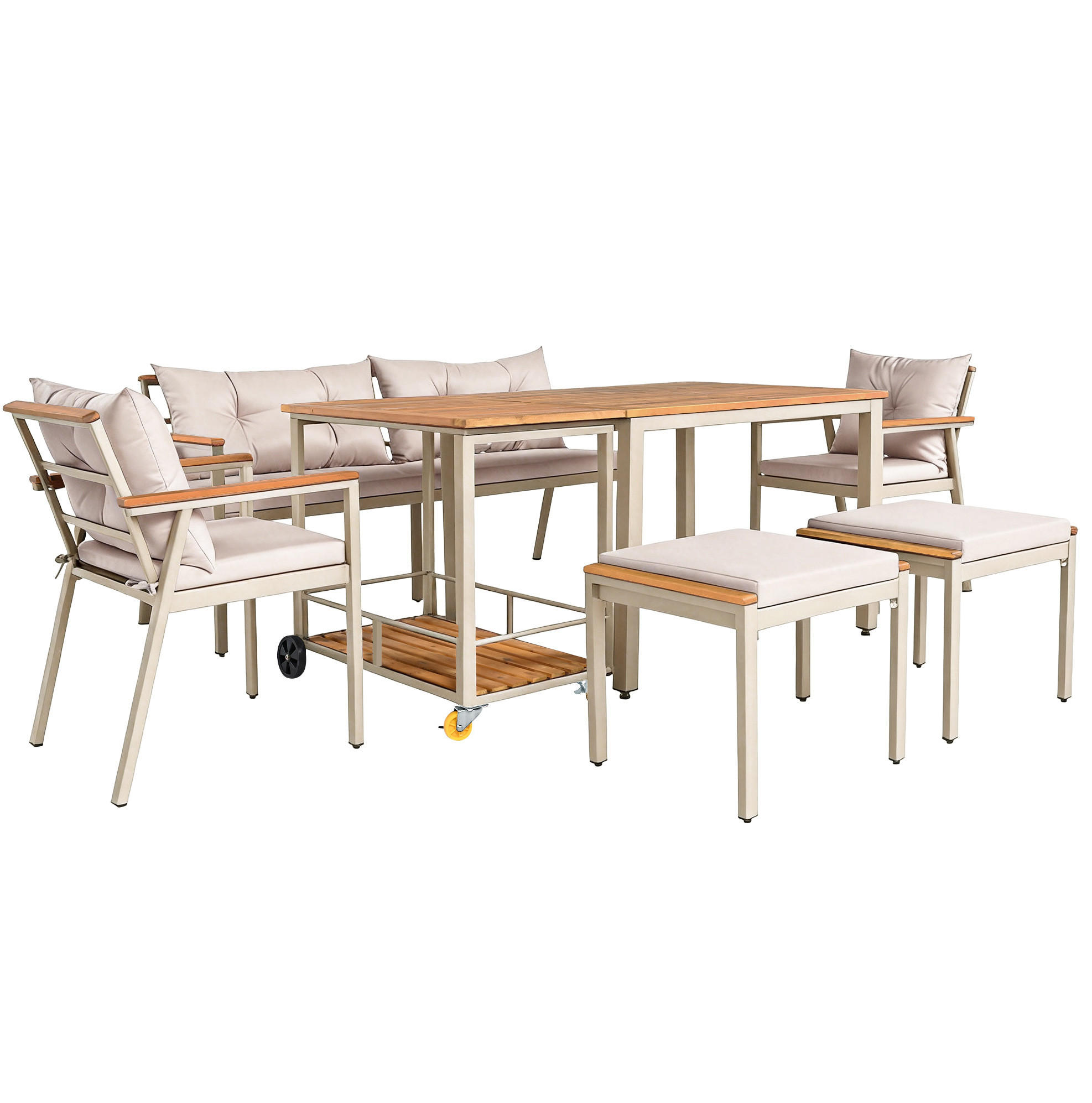 GARTEN-ESSGRUPPE 7-tlg. 6-7-Sitzer mit Servierwagen Akazienholz Beige - Beige, Holz - Beauniv