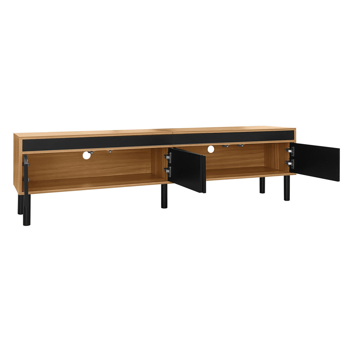 TV stolek 170/38/47 cm s 4 dvířky a bezúchytkovým otevíráním, Černá a přírodní - černá, kompozitní dřevo (170/47/38cm) - Redom