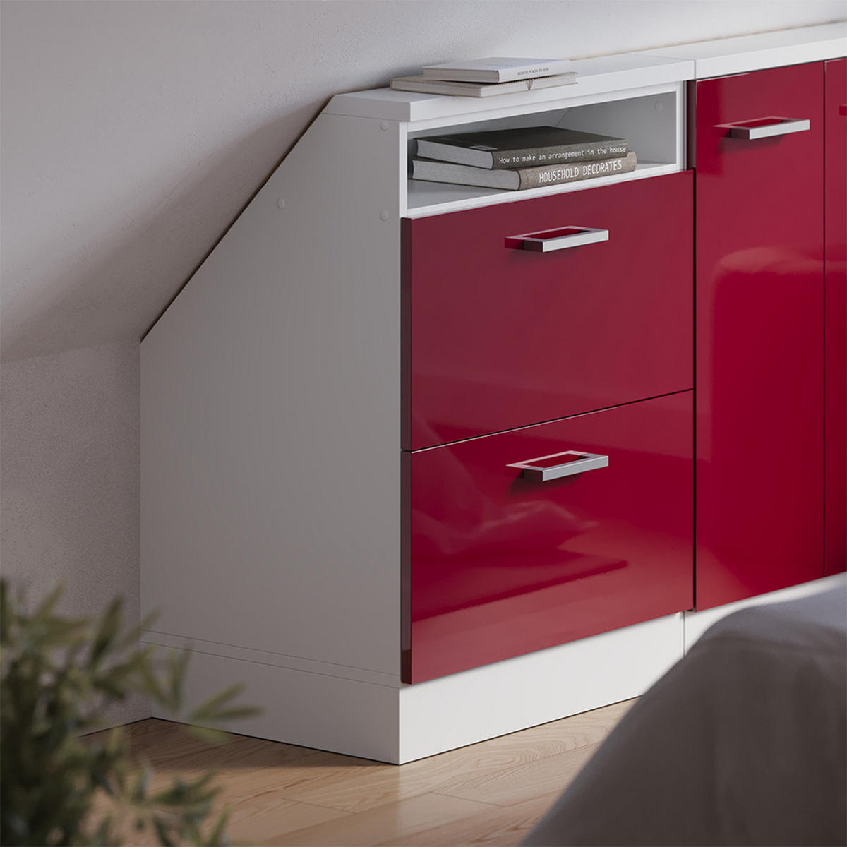 DACHSCHRÄGENSCHRANK Rion Bordeaux Hochglanz/Weiß mit 2 Schubladen - Bordeaux/Weiß, Holzwerkstoff (60/81.6/46cm) - Vicco