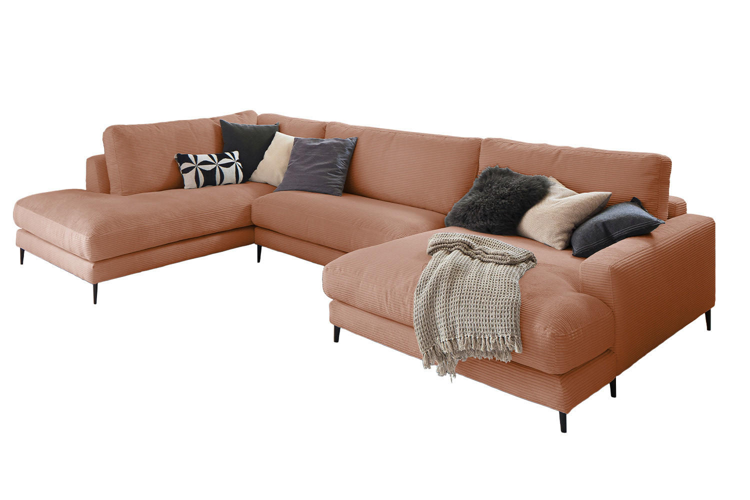 WOHNLANDSCHAFT CARA Braun Cord - Dunkelbraun/Schwarz, Textil (341/84/223cm) - KAWOLA