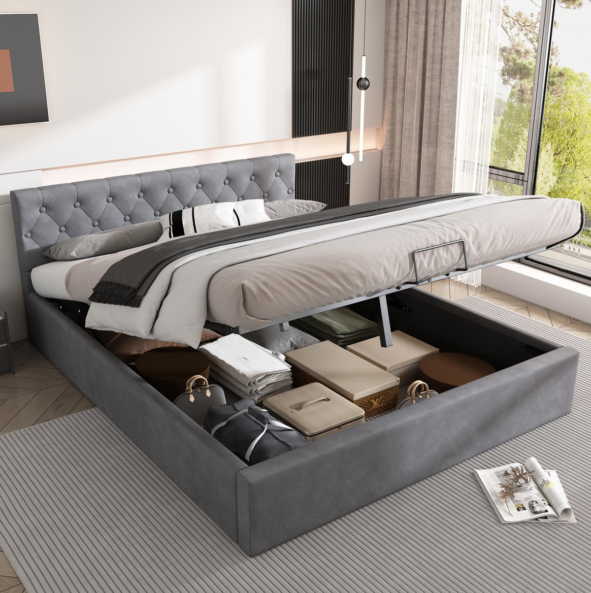 POLSTERBETT aus Samt 140x200 cm Grau mit Bettkasten, hydraulischer Funktion und Lattenrost - Grau, Textil (140/200cm) - IVMEU