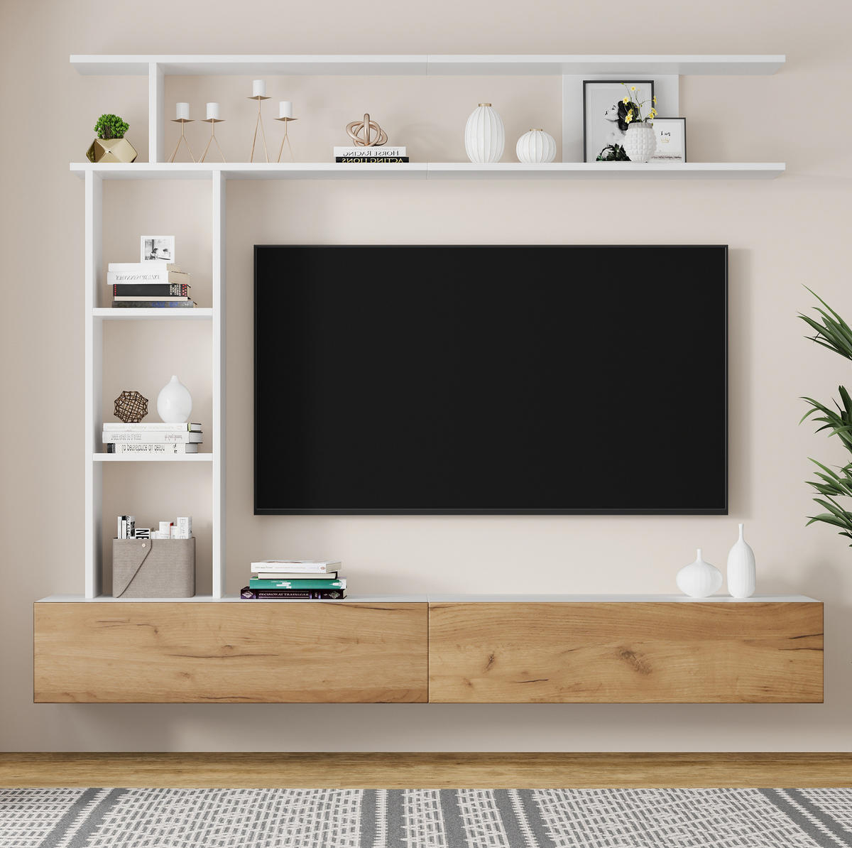 TV regal 180/35/150 cm bijelo i boja hrasta od iverala s policama i stojećom ili visećom montažom - bijela, drvni materijal (180/150/35cm) - OKWISH